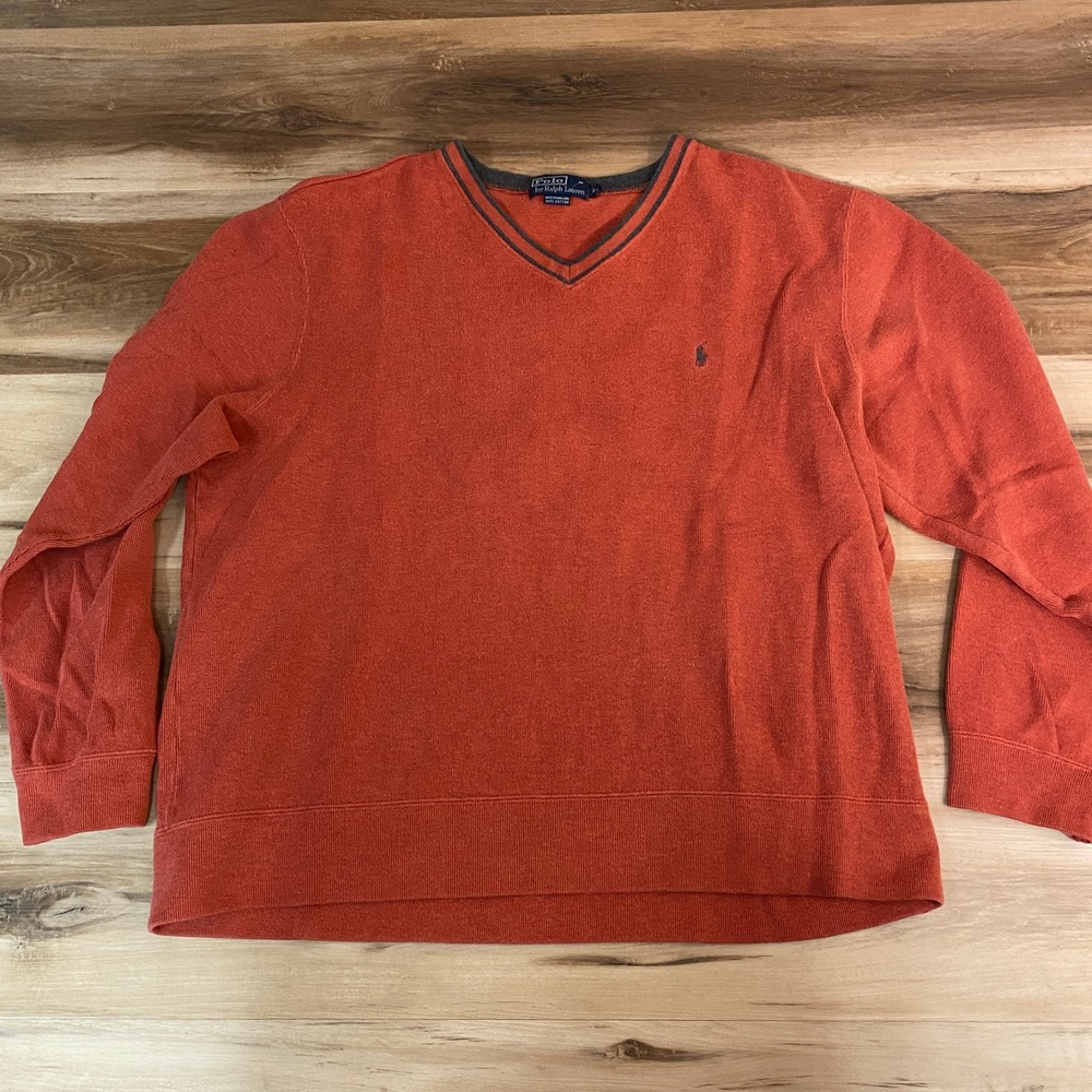Vintage Polo Ralph Lauren Sweater Mens XL V Neck Pullover Sweater Orange Cotton‎